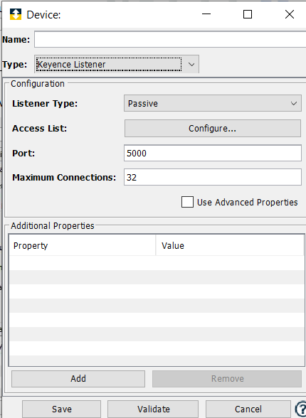 Using the Workbench to Define a Keyence Listener device