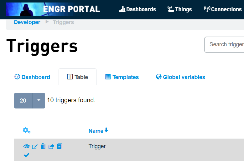 Customizing the Triggers page Table view