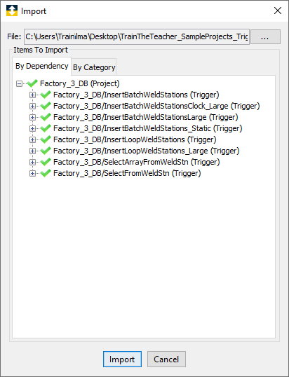 Importing a project or trigger